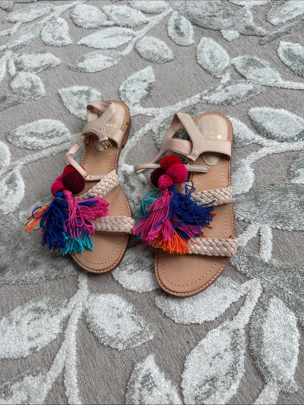 kate spade Beige Braided Sandals with Multicolor Tassels and Poms
